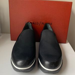 Donald Pliner black nylon & leather slip on wedge / platform loafers